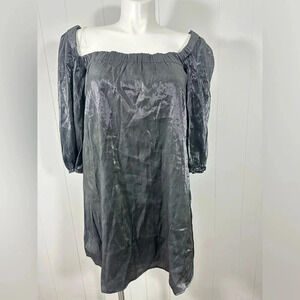 NEW ROWA Women XL Mini Shift Dress Party Pewter Silver Metallic Off The Shoulder